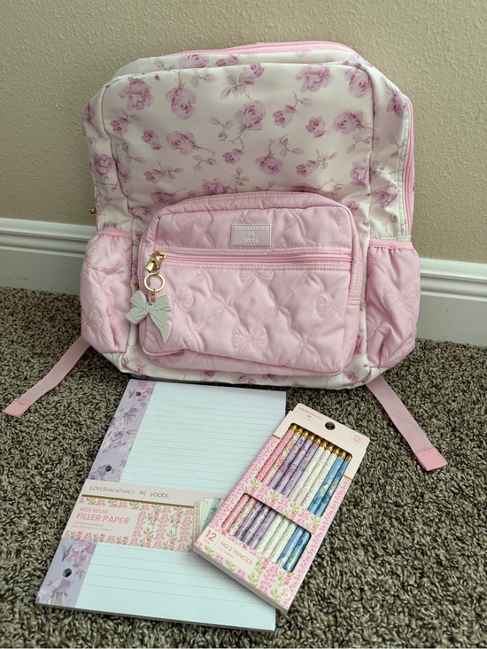 LoveShackFancy Handbags - SALE‼️LoveShackFancy Yoobi Pink Quilted Bow-Accent Backpack paper and pencil